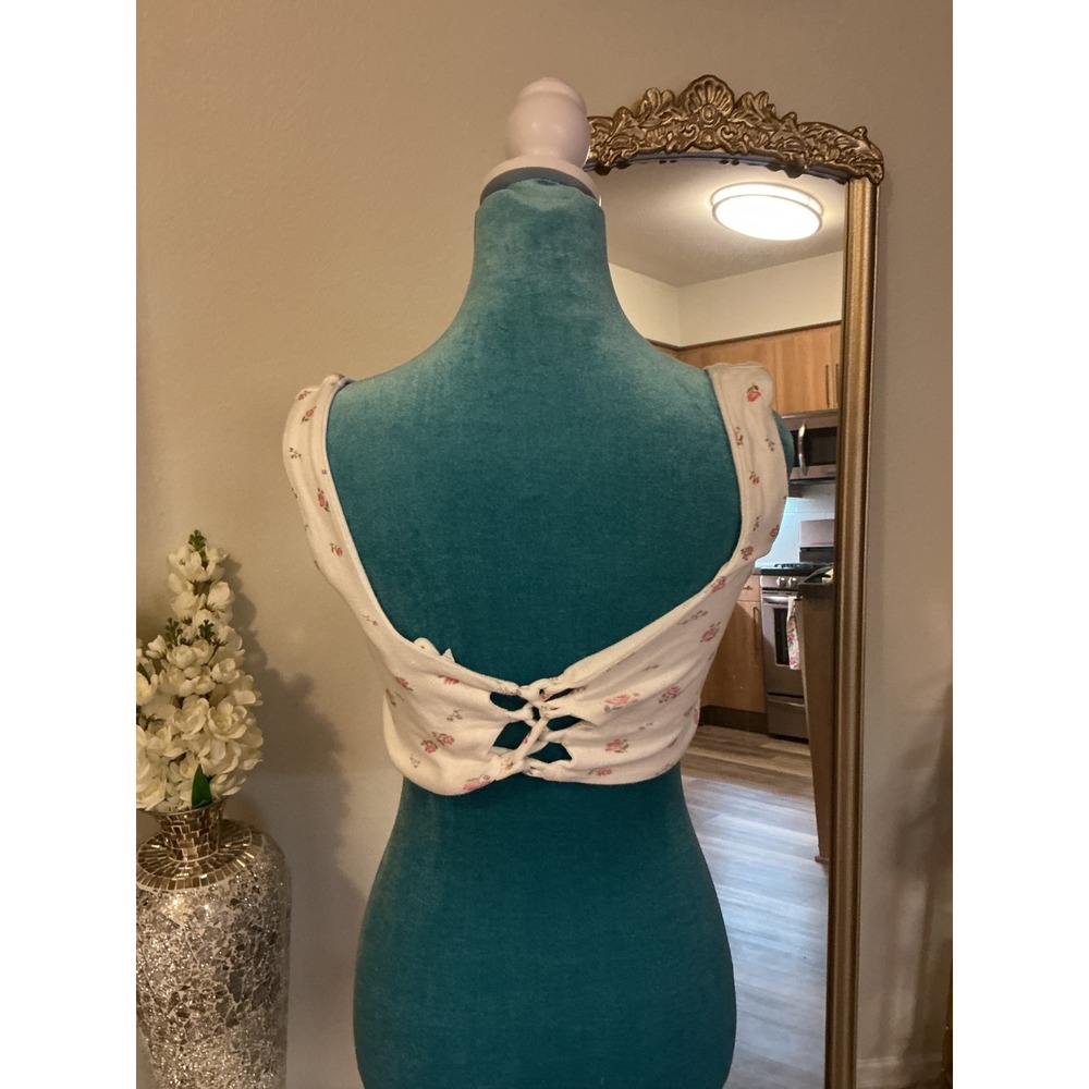 Floral Square Neck Corset Style Crop Top White Pink Rosebud Cottagecore Shirt - Picture 7 of 8
